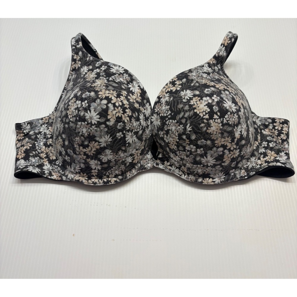 Cacique Boost Plunge Bra Womens 46C Black Floral Daisy Underwire Soft Cotton